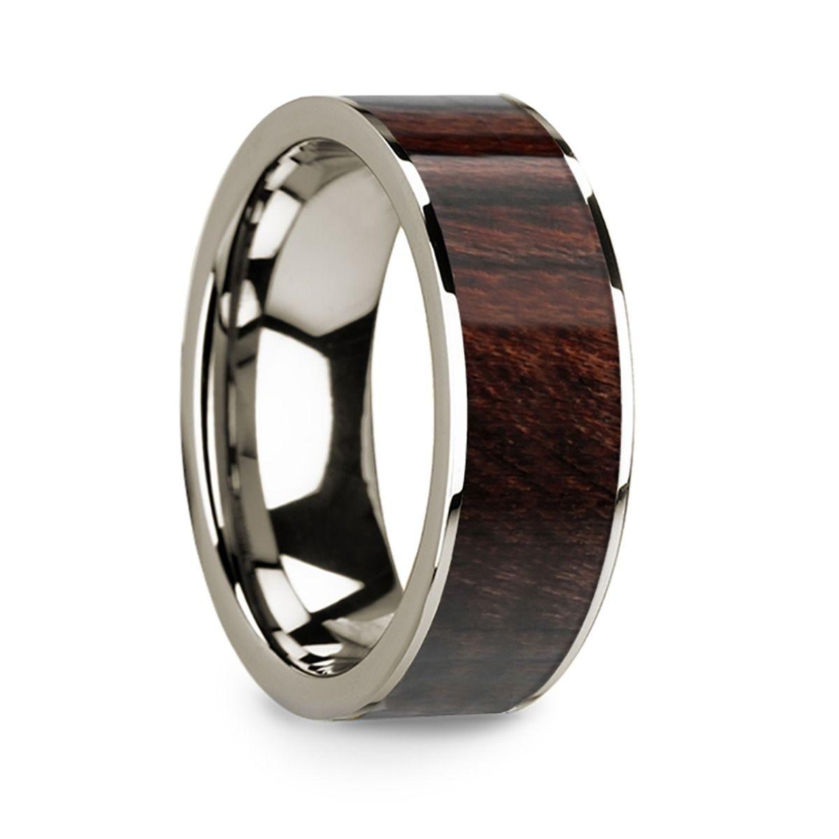 14k White Gold Men���s Flat Wedding Ring with Bubinga Wood Inlay - 8mm