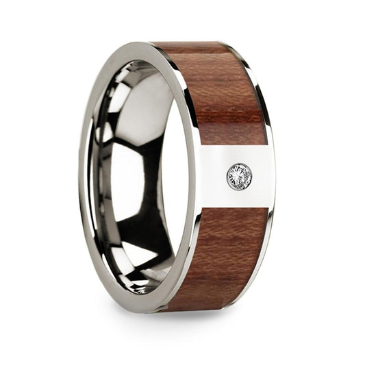 Polished 14k White Gold Men's Wedding Ring with Rosewood Inlay & Diamond Center - 8mm - Thorsten Rings