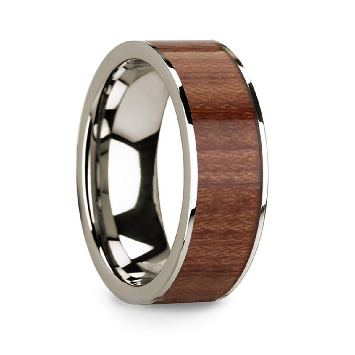 14k White Gold Men���s Wedding Band with Rosewood Inlay & Polished Finish - 8mm