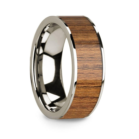 Polished 14k White Gold Men's Wedding Band with Teak Wood Inlay - 8mm - Thorsten Rings
