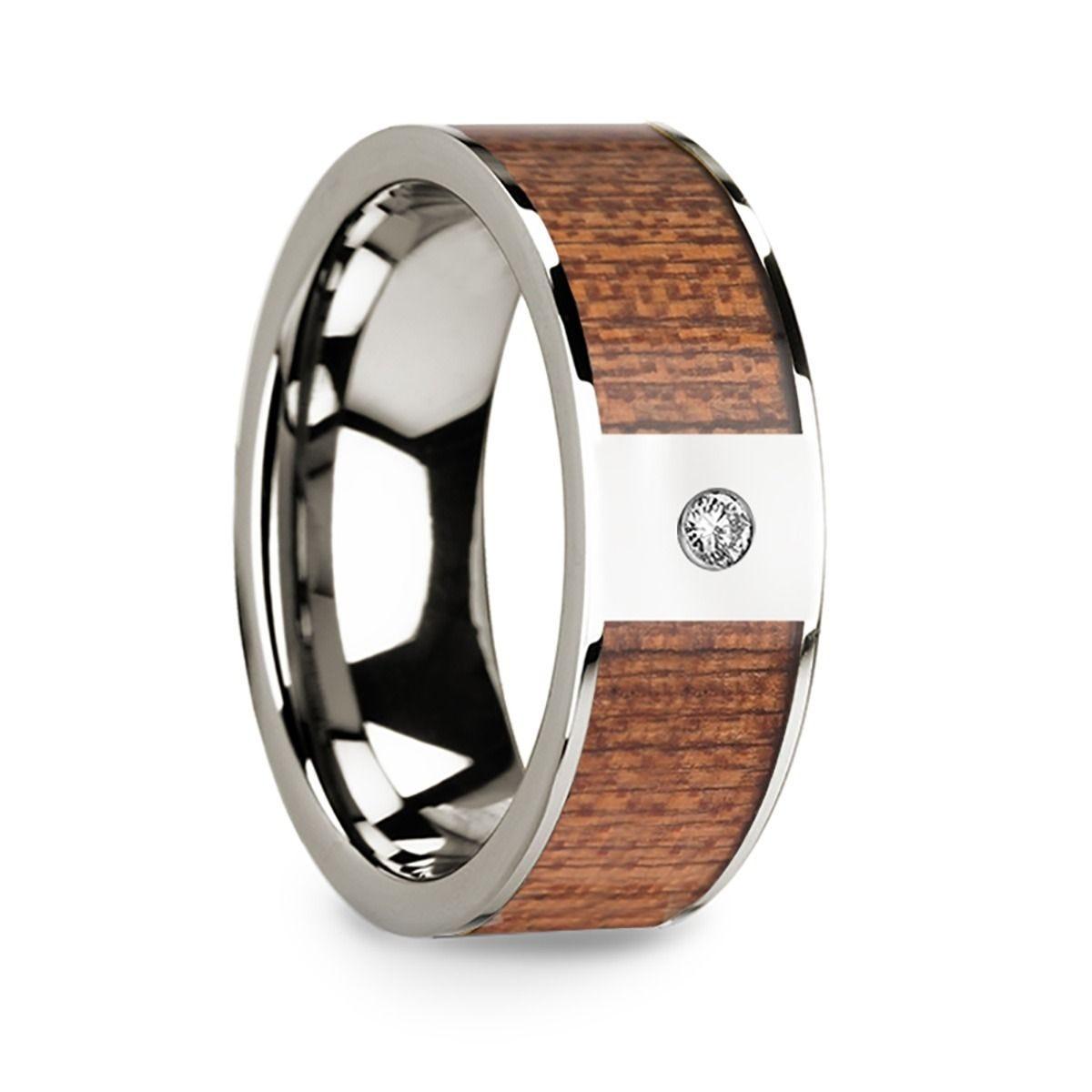 Men's Polished 14k White Gold Wedding Band with Cherry Wood Inlay & Diamond Center - 8mm - Thorsten Rings