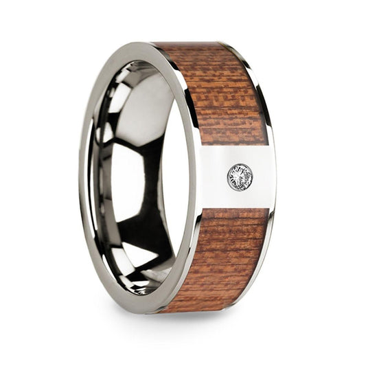 Men's Polished 14k White Gold Wedding Band with Cherry Wood Inlay & Diamond Center - 8mm - Thorsten Rings