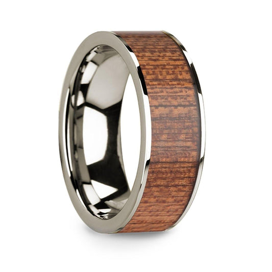 Polished 14k White Gold & Cherry Wood Inlay Men's Flat Wedding Ring - 8mm - Thorsten Rings