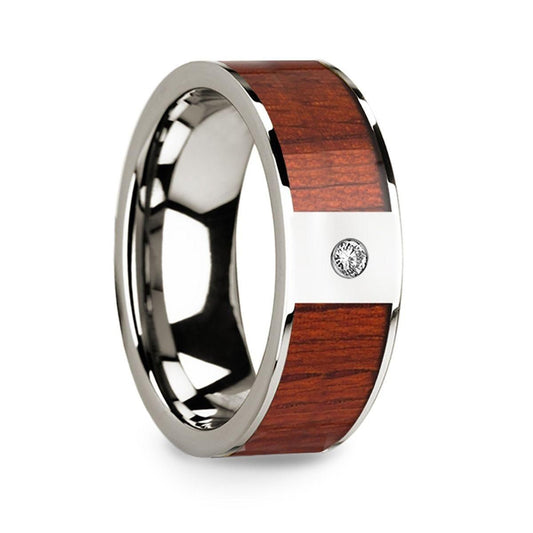 Men's 14k White Gold Polished Wedding Ring with Padauk Wood Inlay & Diamond - 8mm - Thorsten Rings