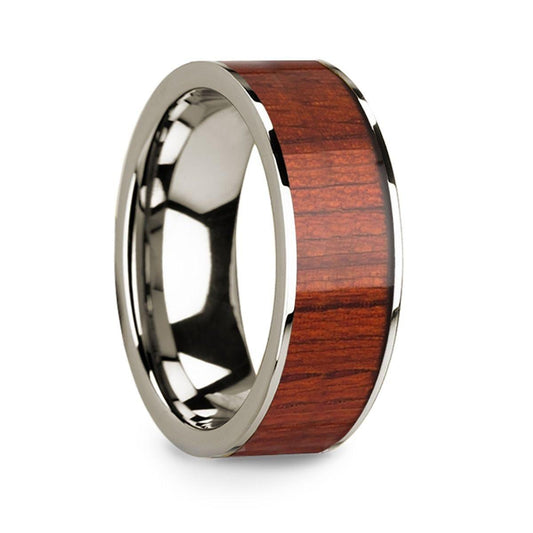 Polished Finish 14k White Gold Men's Wedding Band with Padauk Wood Inlay - 8mm - Thorsten Rings