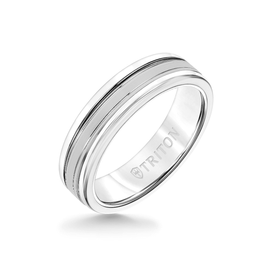 6MM White Tungsten Carbide Ring - Double Engraved 14K White Gold Insert with Round Edge