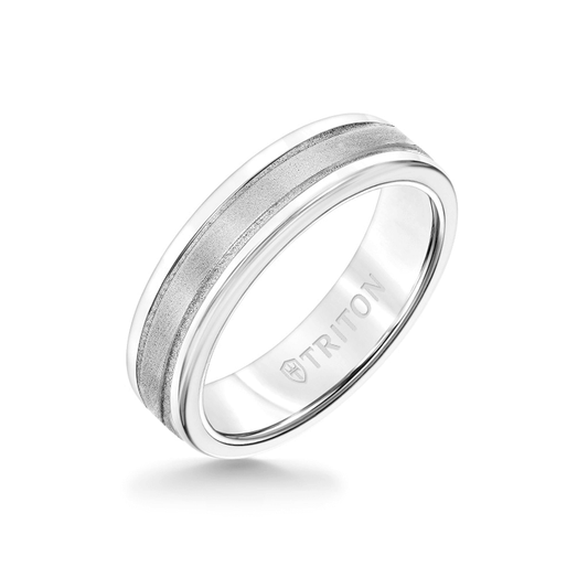 6MM White Tungsten Carbide Ring - Step Edge 14K White Gold Insert with Round Edge