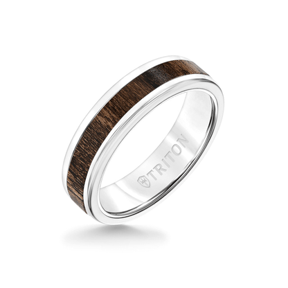 6MM White Tungsten Carbide Ring - Walnut Flat Insert with Round Edge