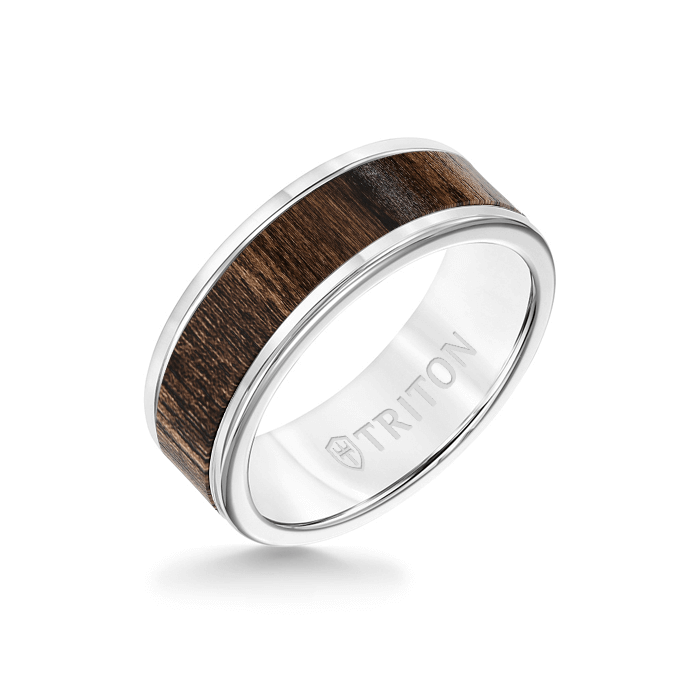 8MM White Tungsten Carbide Ring - Walnut Flat Insert with Round Edge