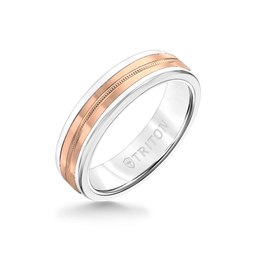 6MM White Tungsten Carbide Ring - Center Milgrain 14K Rose Gold Insert with Round Edge