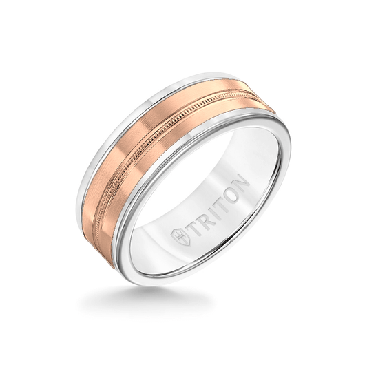 8MM White Tungsten Carbide Ring - Center Milgrain 14K Rose Gold Insert with Round Edge