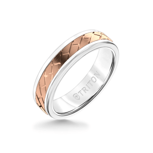 6MM White Tungsten Carbide Ring – Diagonal Brick 14K Rose Gold Insert with Round Edge
