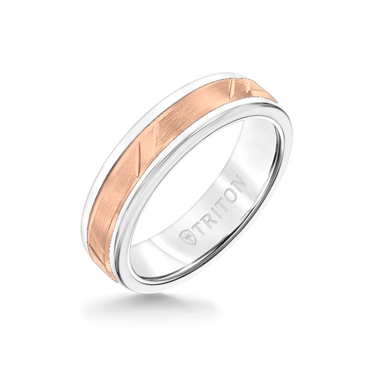 6MM White Tungsten Carbide Ring - Bevel Diagonal Cut 14K Rose Gold Insert with Round Edge