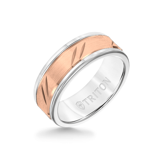 8MM White Tungsten Carbide Ring - Bevel Diagonal Cut 14K Rose Gold Insert with Round Edge