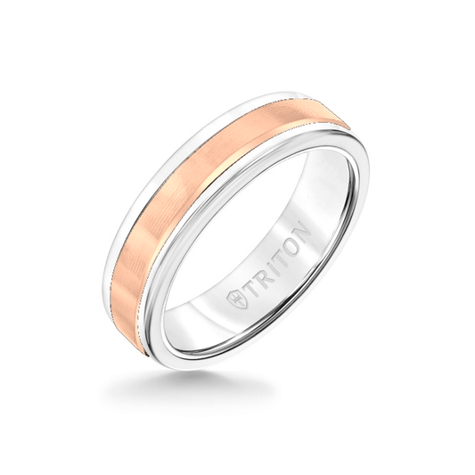6MM White Tungsten Carbide Ring - Linear 14K Rose Gold Insert with Round Edge