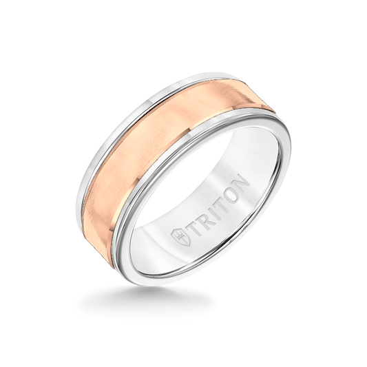8MM White Tungsten Carbide Ring - Linear 14K Rose Gold Insert with Round Edge