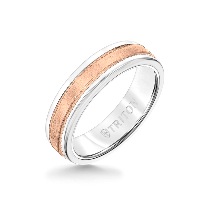 6MM White Tungsten Carbide Ring - Step Edge 14K Rose Gold Insert with Round Edge