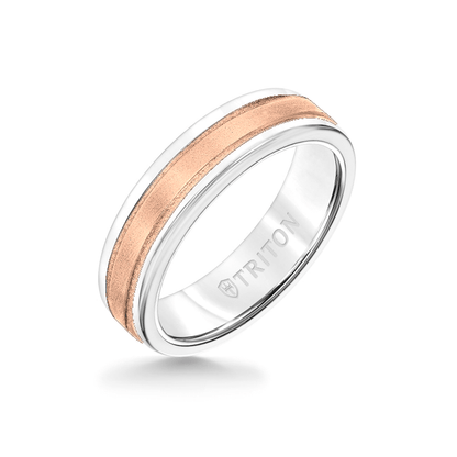6MM White Tungsten Carbide Ring - Step Edge 14K Rose Gold Insert with Round Edge