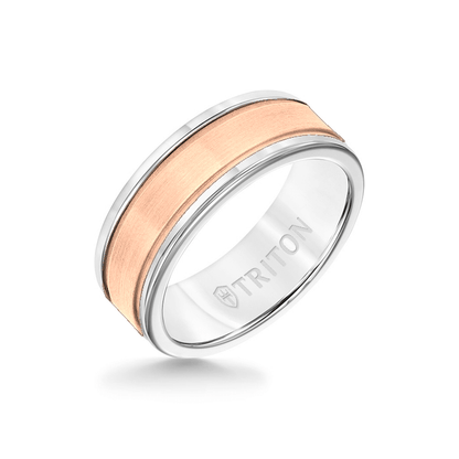 8MM White Tungsten Carbide Ring - Step Edge 14K Rose Gold Insert with Round Edge