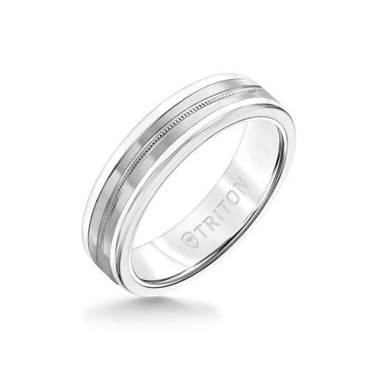 6MM White Tungsten Carbide Ring - Center Milgrain 14K White Gold Insert with Round Edge