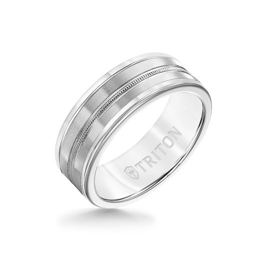 8MM White Tungsten Carbide Ring - Center Milgrain 14K White Gold Insert with Round Edge