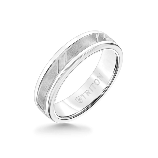 6MM White Tungsten Carbide Ring - Bevel Diagonal Cut 14K White Gold Insert with Round Edge