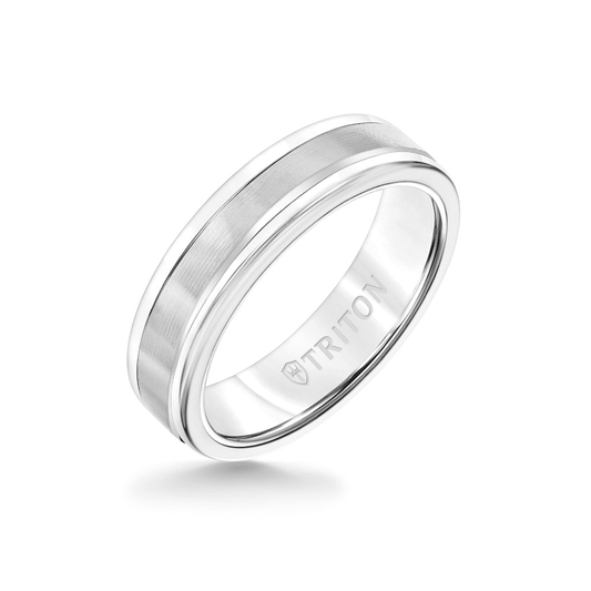 6MM White Tungsten Carbide Ring - Linear 14K White Gold Insert with Round Edge