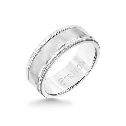 8MM White Tungsten Carbide Ring - Linear 14K White Gold Insert with Round Edge