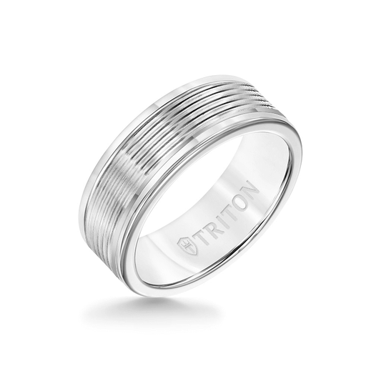 8MM White Tungsten Carbide Ring - Serrated Engraved 14K White Insert with Round Edge