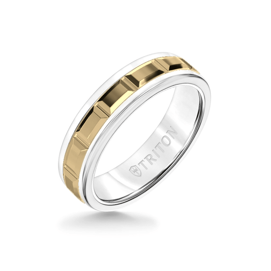 6MM White Tungsten Carbide Ring – Beveled Prism 14K Yellow Gold Insert with Round Edge