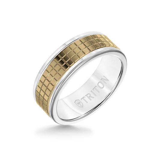 8MM White Tungsten Carbide Ring – Cubed 14K Yellow Gold Insert with Round Edge