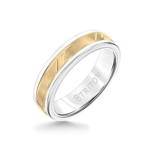6MM White Tungsten Carbide Ring - Bevel Diagonal Cut 14K Yellow Gold Insert with Round Edge