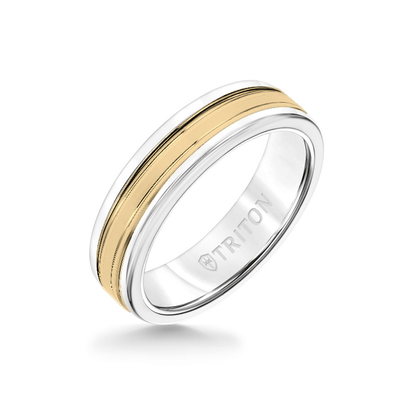 6MM White Tungsten Carbide Ring - Double Engraved 14K Yellow Gold Insert with Round Edge