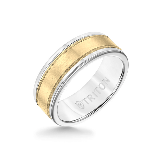 8MM White Tungsten Carbide Ring - Flat Milgrain 14K Yellow Gold Insert with Round Edge