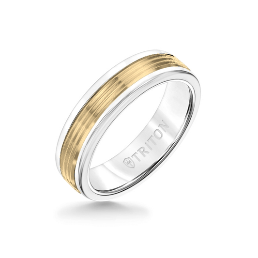 6MM White Tungsten Carbide Ring - Serrated Engraved 14K Yellow Gold Insert with Round Edge