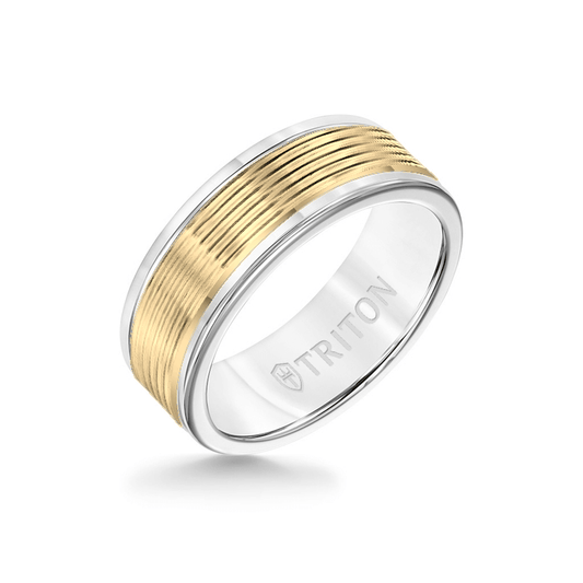 8MM White Tungsten Carbide Ring - Serrated Engraved 14K Yellow Insert with Round Edge